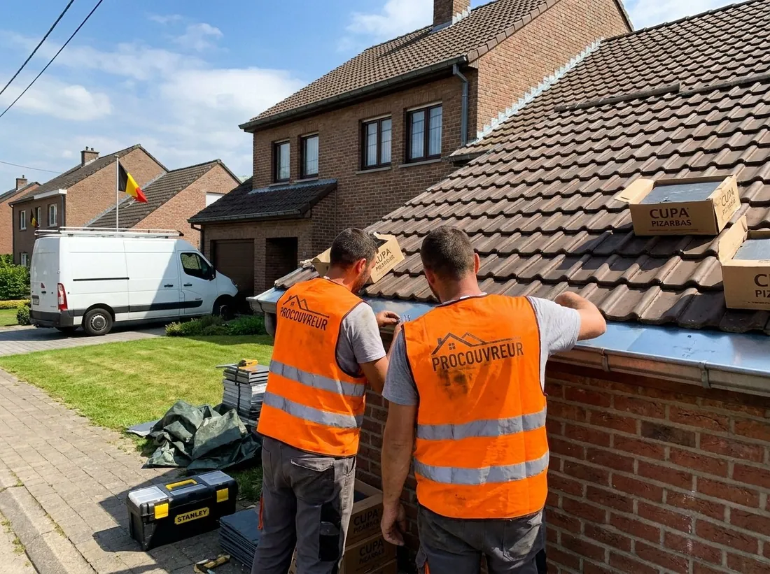 Deux couvreurs en gilet orange ProCouvreur travaillant sur la bordure d'un toit