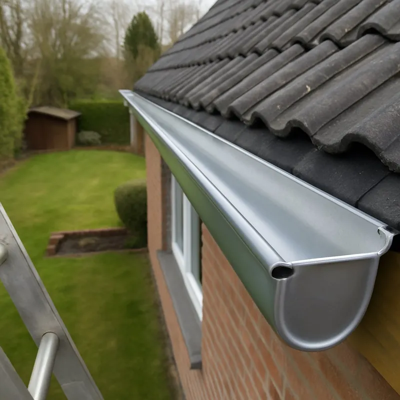 Gouttière neuve en zinc fixée sous un toit en tuiles, jardin en contrebas
