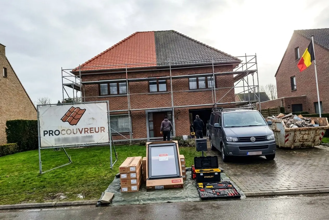 Maison en brique sous échafaudage&nbsp;: la moitié du toit déjà recouverte de tuiles neuves, panneau ProCouvreur devant