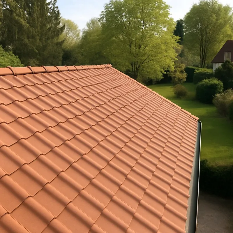 Versant en tuiles de terre cuite neuves au-dessus d'un jardin